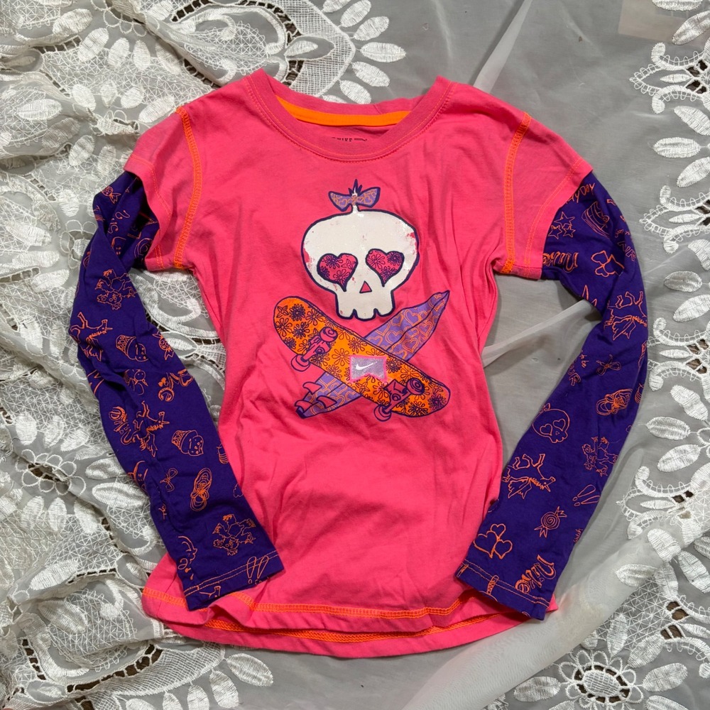 Nike Y2K Pink Purple Skateboard Skull Graphic Layered Long Sleeve Tee Size S